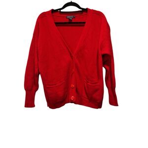 Womens hathaway Red 100% Lambs Wool‎ Cardigan Pocket Sweater Ribbed Vintage M